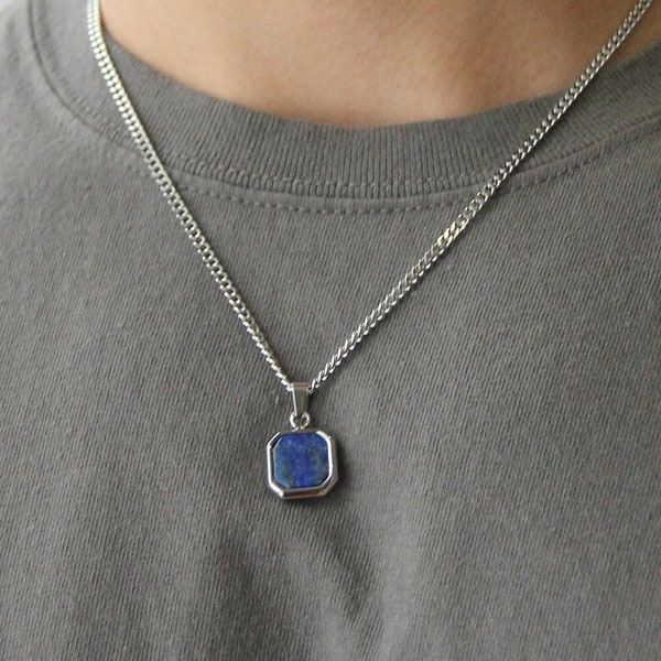 Men's silver pendant necklace / stainless steel water safe blue square pendant necklace for men or women / 3mm curb chain / minimalist gift