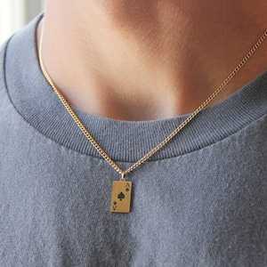 Gold playing card pendant necklace for men or women / stainless steel necklace / gold rectangle spade charm necklace /deck of cards necklace