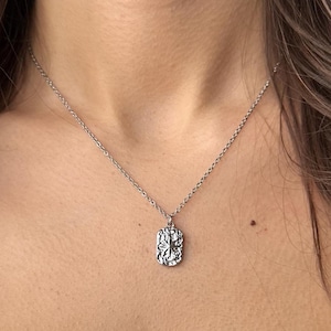 Peut inclure: Un collier argenté avec un pendentif rectangulaire orné d'un motif floral détaillé. Le pendentif est suspendu à une fine chaîne. Le collier est porté sur un haut blanc avec une bordure en dentelle.