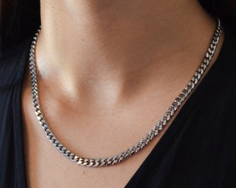 Women's silver 5mm curb chain / stainless steel waterproof thick chain for her / Chunky Cuban curb link chain necklace / gift for her