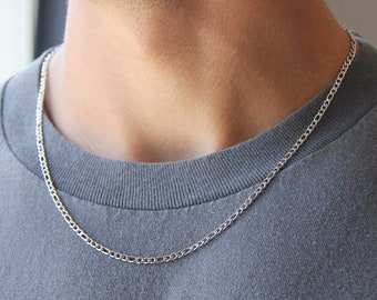 Men&#39;s chain necklace / silver 3mm figaro chain necklace for men or women / stainless steel water safe / men&#39;s silver thin chain necklace