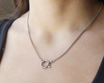 Silver front clasp necklace for women / stainless steel waterproof chain necklace/ silver spring ring front closure necklace for women /gift