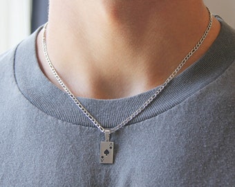 Silver card pendant necklace for men or women / stainless steel water safe 3mm figaro chain rectangle pendant necklace / silver card charm