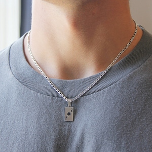 Silver card pendant necklace for men or women / stainless steel water safe 3mm figaro chain rectangle pendant necklace / silver card charm