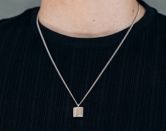 Men's silver square pendant necklace / stainless steel water safe simple pendant necklace for men / men's minimalist jewelry / gift for him
