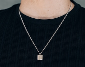 Silver square pendant necklace for men / stainless steel water safe non tarnish simple pendant necklace / minimalist jewelry / gift for him