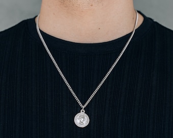 Silver coin pendant necklace for men or women / stainless steel / men's pendant necklace / round disk pendant and curb chain / coin necklace