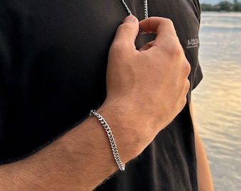Men's silver bracelet / stainless steel 5mm Cuban curb chain bracelet / non-tarnish waterproof everyday silver bracelet for men or women