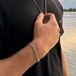 Men&#39;s silver bracelet / stainless steel 5mm curb chain bracelet / non-tarnish waterproof everyday simple silver bracelet for men or women