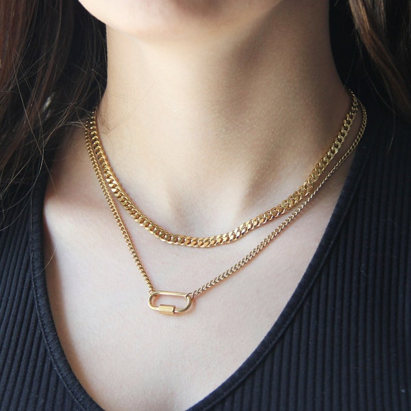 Gold chunky layering necklaces for women or men, stainless steel 5mm cuban curb chain and carabiner pendant, gold necklace set, chunky chain