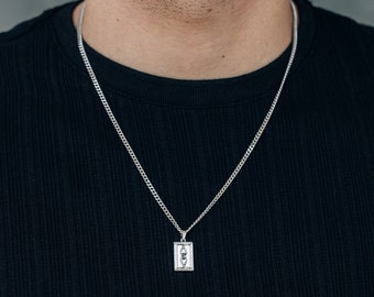 Silver rectangle pendant necklace for men / stainless steel non tarnish simple pendant necklace / 3mm curb chain / minimalist gift for him