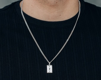 Silver rectangle pendant necklace for men / stainless steel non tarnish simple pendant necklace / 3mm curb chain / minimalist gift for him