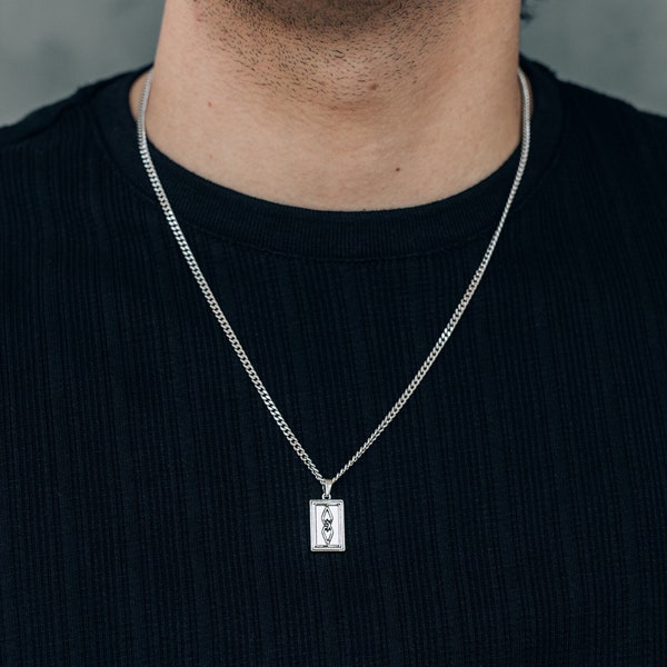 Silver rectangle pendant necklace for men / stainless steel non tarnish simple pendant necklace / 3mm curb chain / minimalist gift for him