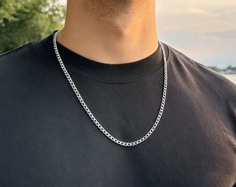 Men's silver curb chain necklace / 4mm stainless steel water resistant non tarnish chain for men or women/ simple silver chain / men's gift