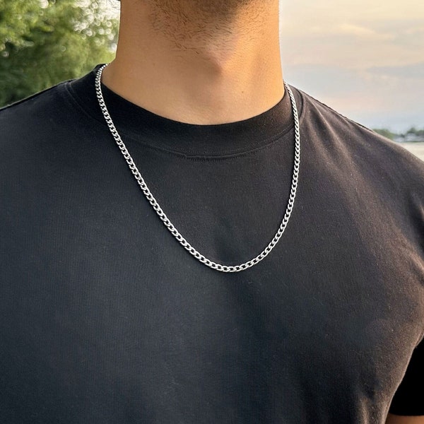 Men's silver curb chain necklace / 4mm stainless steel water resistant non tarnish chain for men or women/ simple silver chain / men's gift