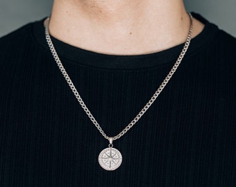 Men's silver compass pendant necklace / stainless steel waterproof men's pendant and chain / 4mm curb chain / round pendant necklace for him
