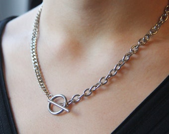 Chunky silver double chain toggle necklace for women or men / stainless steel 5mm cuban curb and 6mm rolo chain / water safe / punk necklace