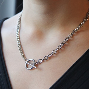 Chunky silver double chain toggle necklace for women or men / stainless steel 5mm cuban curb and 6mm rolo chain / water safe / punk necklace