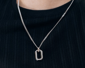 Men's silver oval/rectangle pendant necklace, stainless steel non-tarnish and water safe necklace for men, simple silver chain and pendant