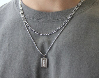 Silver necklace set for men or women / stainless steel waterproof rectangle pendant necklace and 4.5mm figaro chain/silver layered necklaces