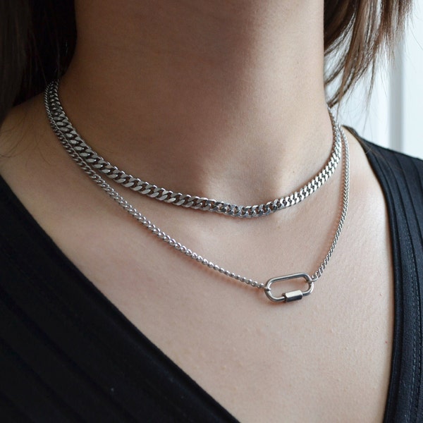 Silver chunky necklace set for women or men / stainless steel waterproof layered necklaces /5mm cuban curb chain /carabiner pendant necklace