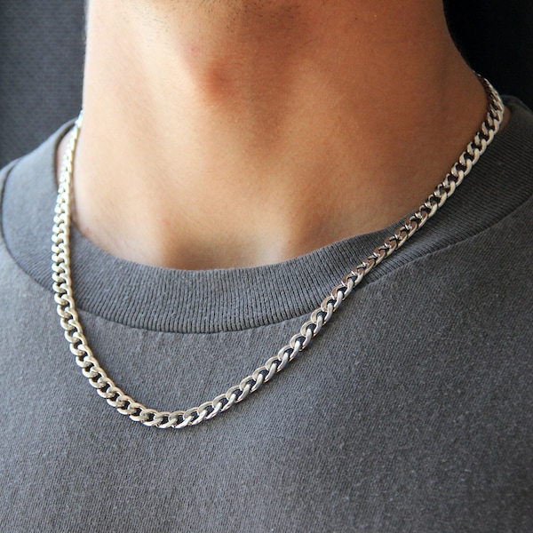 Men's chain / silver 6mm curb chain necklace for men or woman / stainless steel waterproof silver necklace / thick chunky curb chain / gift