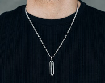 Men's silver black drop pendant necklace / stainless steel non-tarnish men's jewelry / simple long pendant necklace for men / gift for him