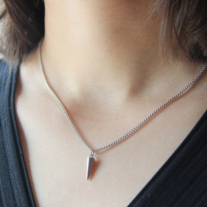 May include: A silver chain necklace with a small, pointed silver pendant.