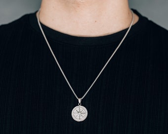 Men's silver compass pendant necklace / stainless steel waterproof silver men's pendant / round coin pendant necklace for him /men's jewelry