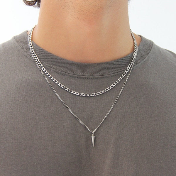 Men's silver necklace set / stainless steel water safe non tarnish layering necklaces / 4mm silver curb chain and spike pendant necklace