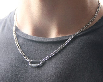 Silver carabiner necklace for men or women / stainless steel 4.5mm figaro chain rectangle carabiner lock pendant / charm holder necklace