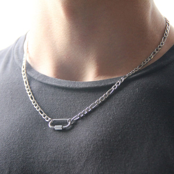 Collier mousqueton en argent pour homme ou femme/pendentif cadenas mousqueton rectangle chaîne figaro en acier inoxydable de 4,5 mm/collier porte-breloques