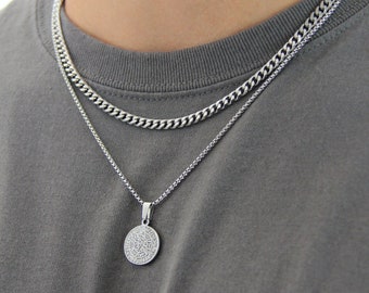 Silver necklace set for men or women / stainless steel waterproof coin pendant necklace and 5mm cuban curb chain / silver layered necklaces