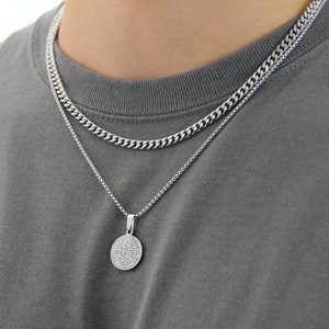 Silver necklace set for men or women / stainless steel waterproof silver coin pendant necklace and 5mm curb chain / silver layered necklaces