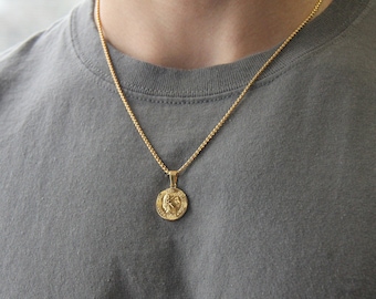 Men's gold necklace / Stainless steel gold coin pendant necklace for men or women / round coin disk pendant / men's jewelry / gift for him