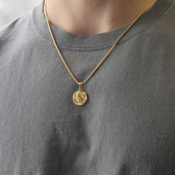 Collier en or pour homme / Collier avec pendentif pièce en or en acier inoxydable pour homme ou femme / Pendentif disque rond / Bijoux pour homme / Cadeau pour lui