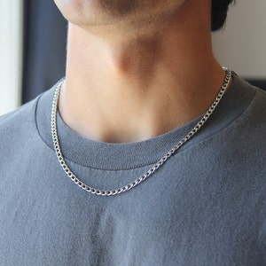 Men&#39;s silver curb chain necklace / 4mm stainless steel water resistant non tarnish chain for men or women/ simple silver chain / men&#39;s gift