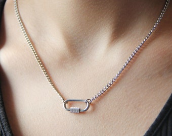 Dainty silver or gold carabiner necklace for women / stainless steel chain and rectangle pendant / clip charm necklace / statement necklace