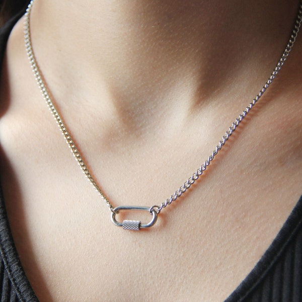 Dainty silver or gold carabiner necklace for women / stainless steel chain and rectangle pendant / clip charm necklace / statement necklace