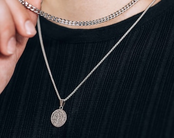 Silver necklace set for men or women / stainless steel waterproof coin pendant necklace and 5mm curb chain / silver layered necklace set