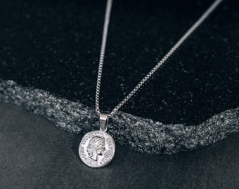 Silver coin pendant necklace for men or women / stainless steel water safe chain and disk pendant / gift for him / coin necklace silver men