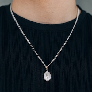 Silver lightning bolt necklace for men or women / stainless steel waterproof non tarnish silver necklace for him / Oval pendant necklace