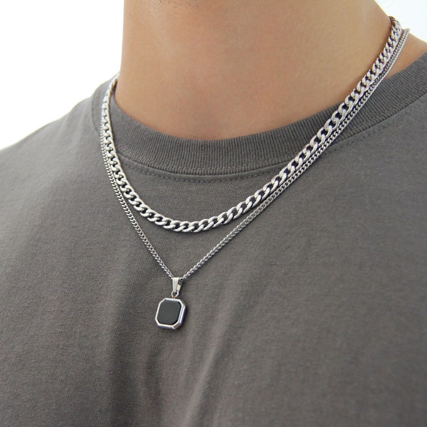 Silver necklace set for men / stainless steel black square pendant necklace and 6mm curb chain / waterproof men's silver layered necklaces