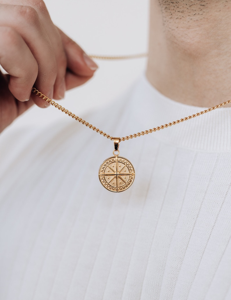Men's gold compass pendant necklace / stainless steel men's jewelry / men's gold round pendant necklace / coin pendant gold / men's gift image 1
