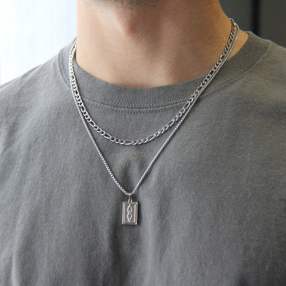 Silver Necklace Set for Men or Women Stainless Steel Waterproof Rectangle Pendant Necklace and 4.5mm Figaro Chain silver Layered Necklaces Etsy UK