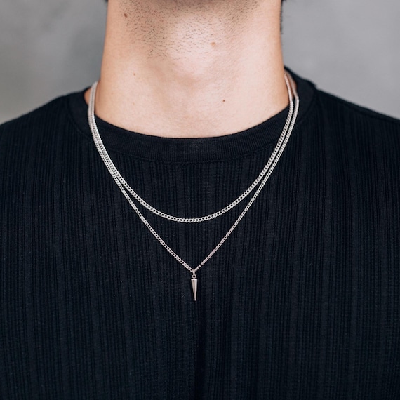 Men's Silver Necklace Set / Spike Pendant Necklace and 3mm Curb