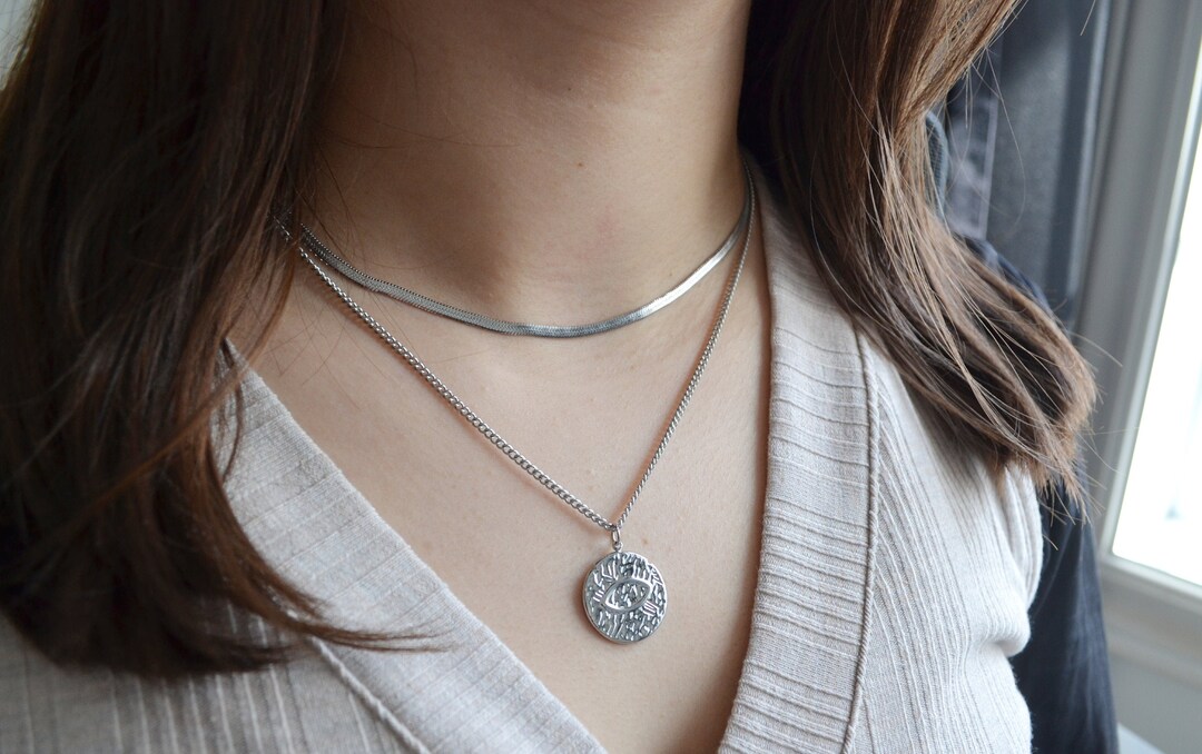 Dainty Silver Necklace Set For Women - Evil Eye Heart Pendant Necklace &  3mm Figaro Chain