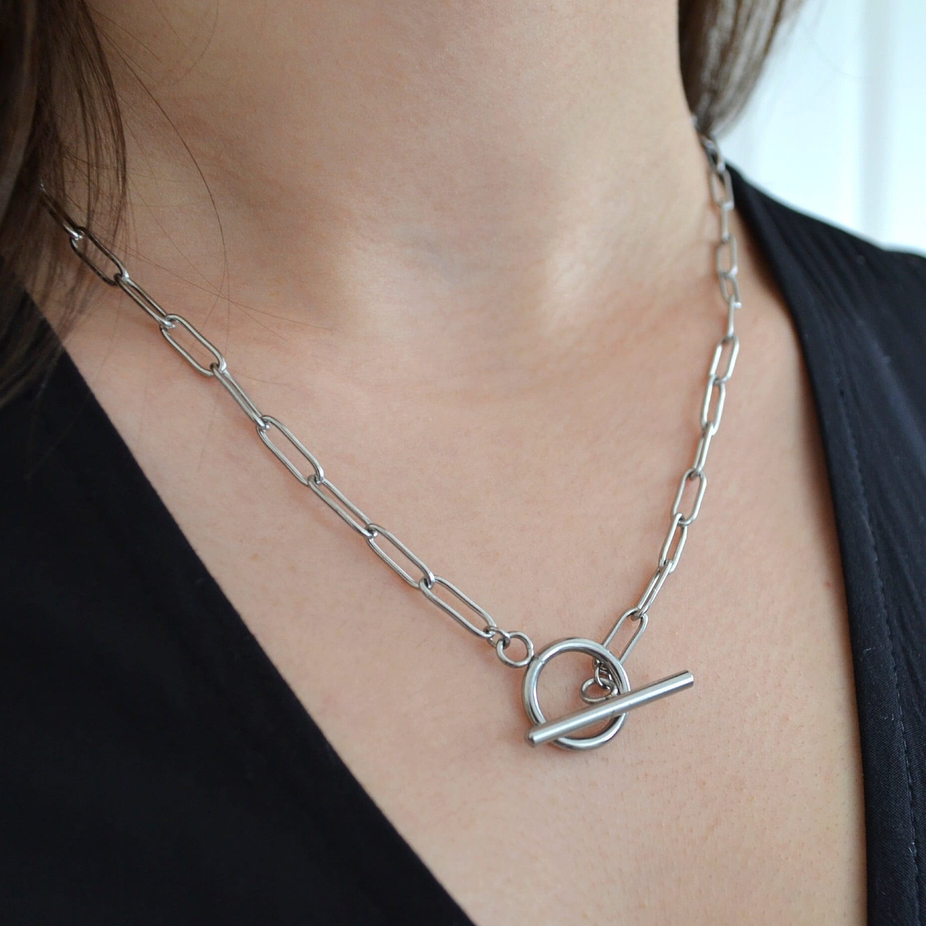 Silver Toggle Clasp Necklace for Men or Woman Stainless Steel Water Safe Paperclip Link Chain Front Bar Clasp Charm Necklace men s Gift Etsy