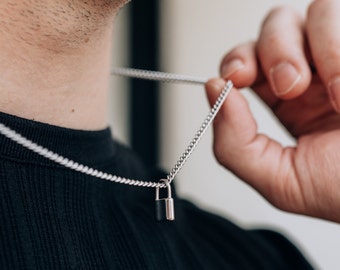 Silver lock pendant necklace for men or women / stainless steel water safe / 3mm curb chain and padlock charm / men&#39;s necklace /gift for him
