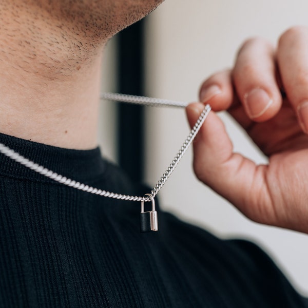 Silver lock pendant necklace for men or women / stainless steel water safe / 3mm curb chain and padlock charm / men's necklace /gift for him
